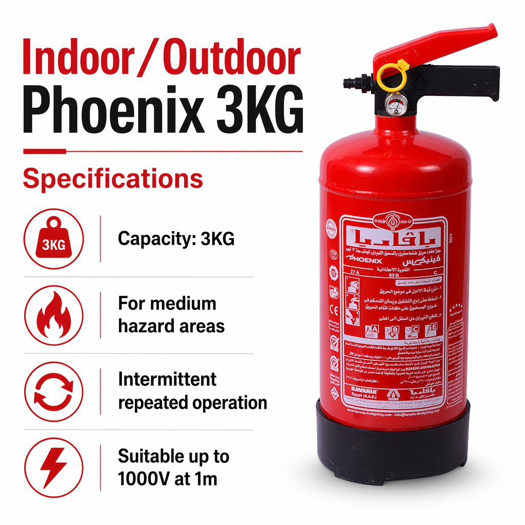 Phoenix 3KG fire extinguisher for apartments, garages, and medium spaces
