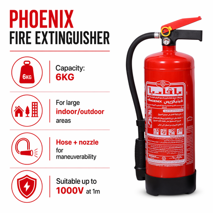 Phoenix 6KG fire extinguisher for large homes, garages, and outdoor areas