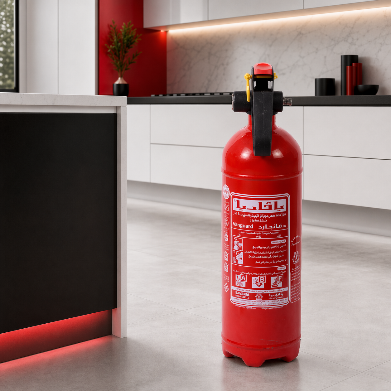 Bavaria Vanguard 2KG kitchen extinguisher angled view