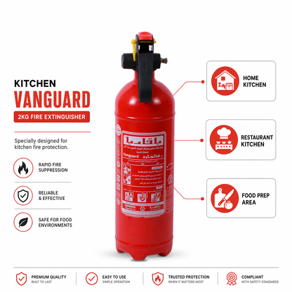 Vanguard 2KG kitchen extinguisher specification and benefits graphic